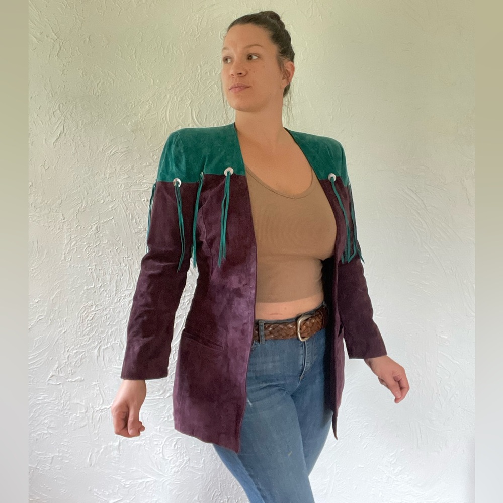 Vintage 70s 80s Lotus Suede Leather Two Tone Blazer Jacket with Fringe D…